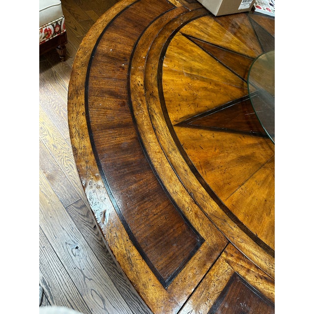 Traditional Vanguard Curved Banquette Set and Monumental Inlaid Round Pedestal Dining Table Complete Dining Suite For Sale - Image 3 of 14