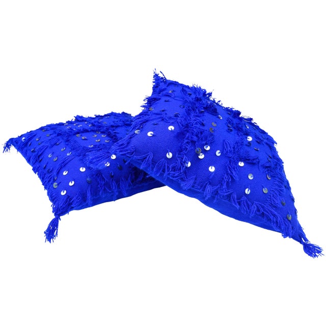 Vintage Moroccan Blue Fringed & Sequined Windowpane Pillows - Set of 2 For Sale - Image 9 of 11