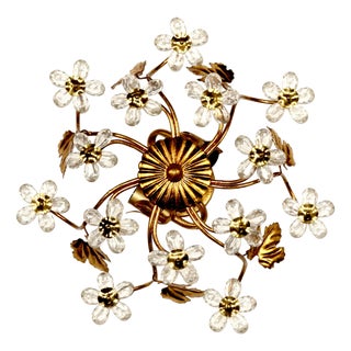 Italian Gold Leaf-Plated Metal and Crystal 2-Light Ceiling Light, 1960s For Sale