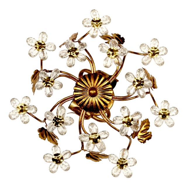 Italian Gold Leaf-Plated Metal and Crystal 2-Light Ceiling Light, 1960s For Sale