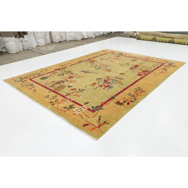 Sage Green Modern Chinese Style Wool Area Rug – Hand-Knotted Chinoiserie Floral For Sale - Image 4 of 11