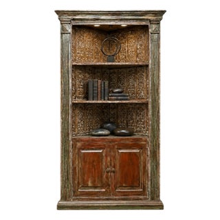 Antique Hand-Carved Corner Bookshelf | Rustic Open Wood Display Bookcase For Sale