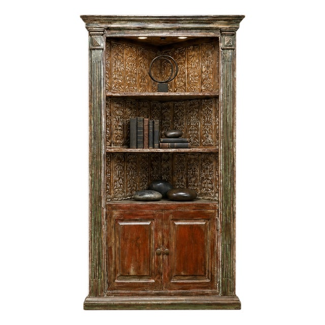 Antique Hand-Carved Corner Bookshelf | Rustic Open Wood Display Bookcase For Sale