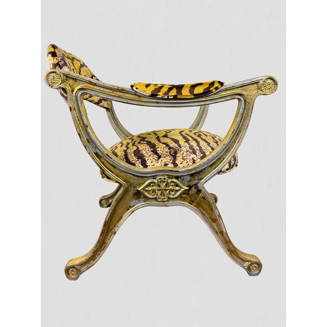 1980s Vintage Curule Style Chair Pair Newly Upholstered Silk Tiger Velvet For Sale - Image 5 of 15