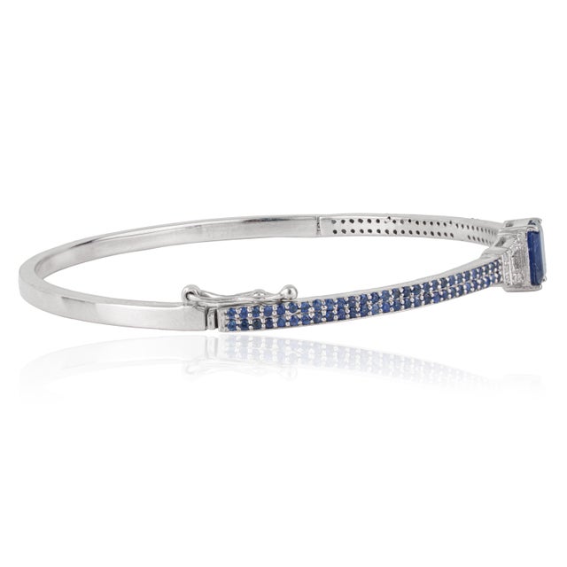 Metal Art Deco Geometric 3.12 Ct Blue Sapphire & Diamond Bangle Bracelet, Christmas Gift For Sale - Image 7 of 12