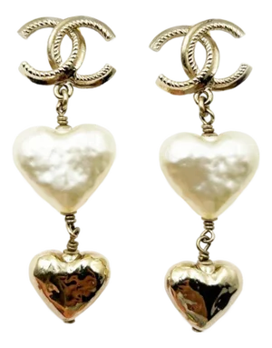 Chanel Gold CC Faux Baroque Heart Faux Pearl Heart Gold Dangling Piercing Earrings-Set of 2