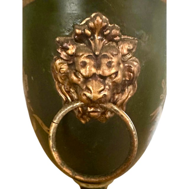 Early 20th Century Antique French Tole Neoclassical Style Chestnut Urn in Deep Bottle Green / Black With Gilt Detailing For Sale - Image 5 of 9