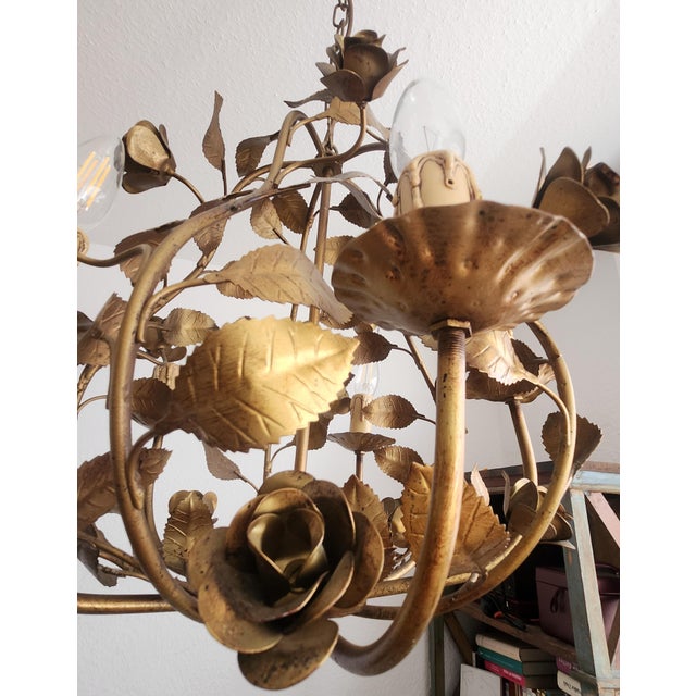 Hollywood Regency 4-Light Floral Chandelier in Hand-Forged Dark Gilt Metal with Rose and Leaf Ornaments, 1960s For Sale - Image 16 of 18