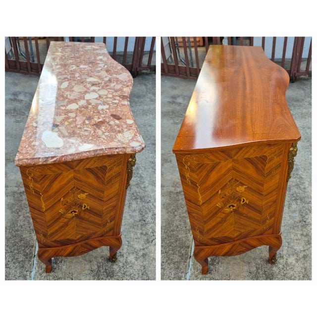 Late 20th Century Marble Top French Louis XV Style Bronze Mounted Marquetry Sideboard Buffet For Sale - Image 9 of 18