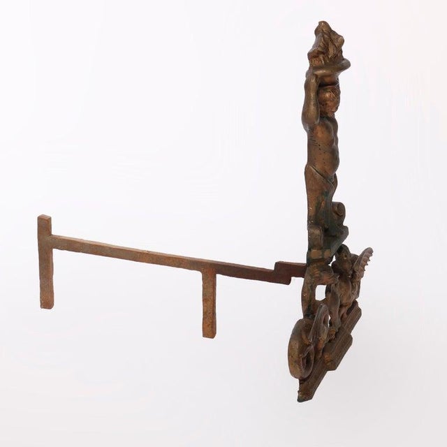Brass Antique Neoclassical Figural Cast & Wrought Iron Fireplace Andirons, Circa 1900 For Sale - Image 8 of 9