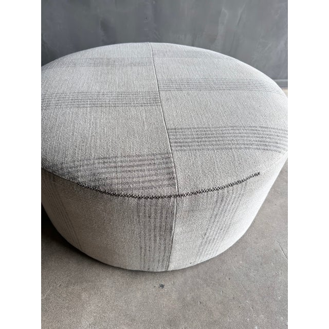Round 36" Ottoman in Heavy Linen Stripe For Sale In Los Angeles - Image 6 of 8