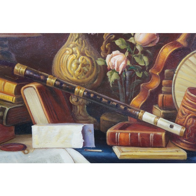 Red Late 20th Century Ease Still Life Oil Painting After William Michael Harnett Music Instrument's For Sale - Image 8 of 11