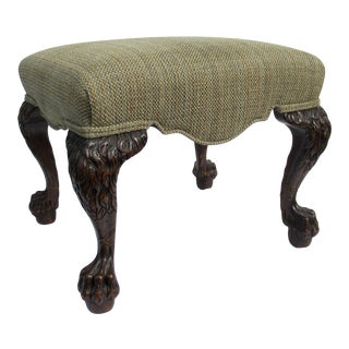 Vintage C.1950's Chippendale-Style Carved & Pickled Lion Mane & Claw Footed Ottoman/Stool With Chenille Textile For Sale
