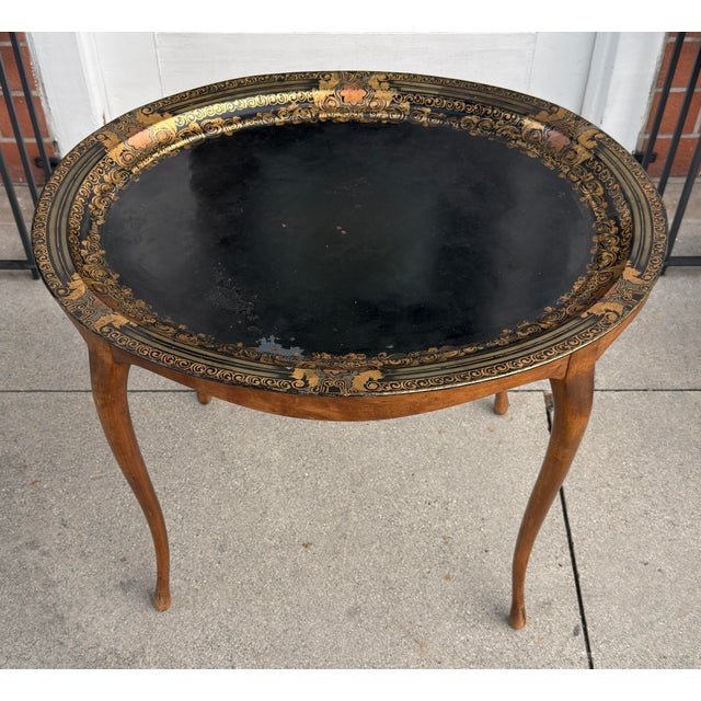 Antique Black Role and Burl Walnut Tray Top Side or Cocktail Table For Sale - Image 4 of 6