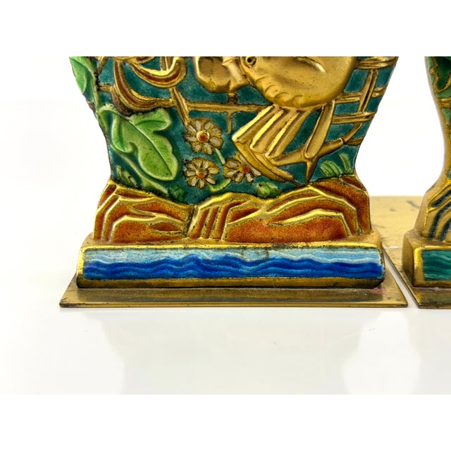 Vintage Chinoiserie Fish Motif Bookends in Gilt and Jewel-Tone Enamel For Sale - Image 4 of 12