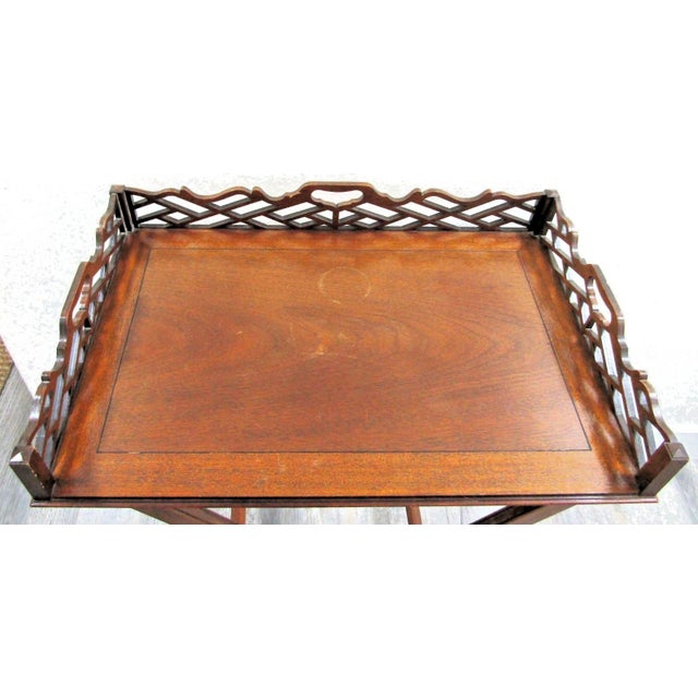 Art Deco 1920s Antique Pierced Mahogany Baker Furniture Butler Tray and Folding Stand For Sale - Image 3 of 18