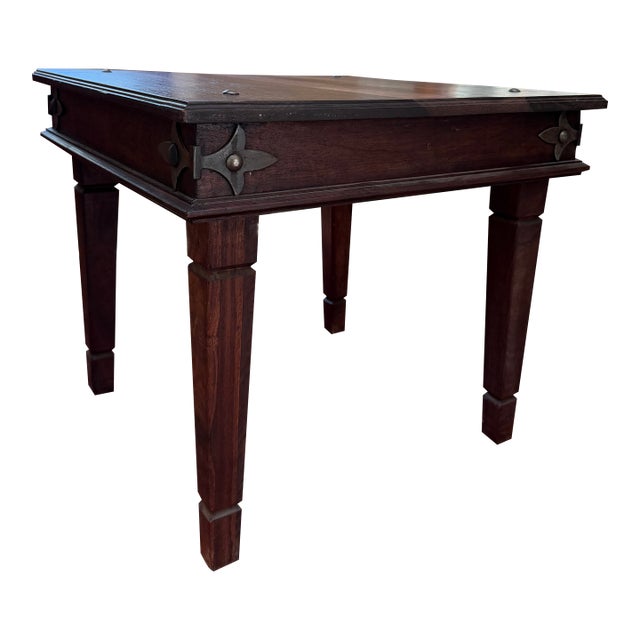 Late 20th Century Rustic Dark Wooden Side Table With Spanish Style Metal Corner Brackets For Sale