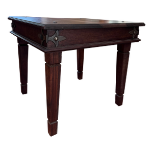 Late 20th Century Rustic Dark Wooden Side Table With Spanish Style Metal Corner Brackets