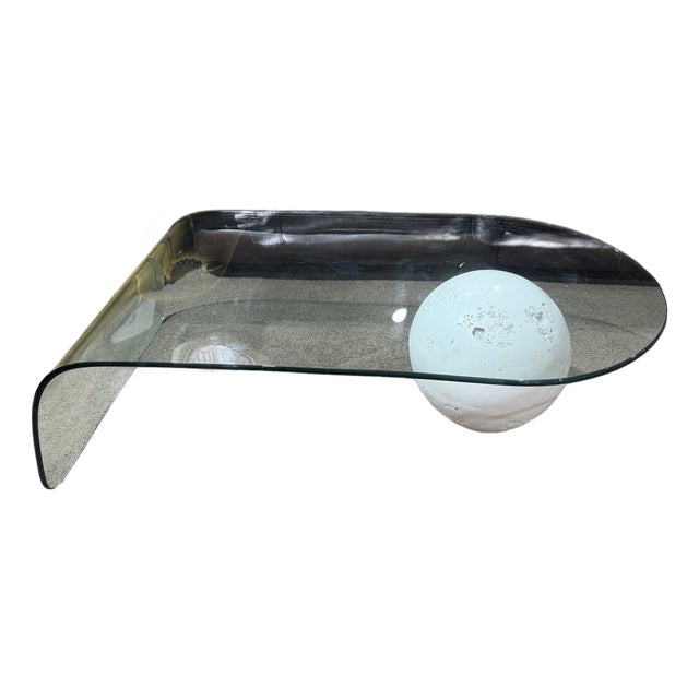 Late 20th Century Postmodern Waterfall Glass Coffee Table With Plaster Orb Base For Sale