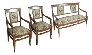Living Room Sofa and Armchairs in Wood and Fabric, Set of 3