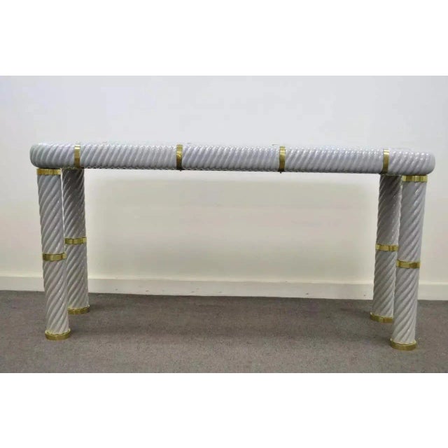 Tommaso Barbi Style Ceramic & Brass Spiral Gray 60" Hollywood Regency Console Table. This remarkable piece features spiral...