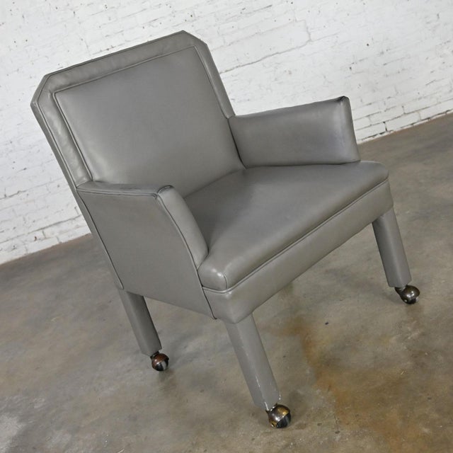 Modern Gray Faux Leather Modified Parsons Style Armed Accent Chair on Casters For Sale - Image 17 of 17