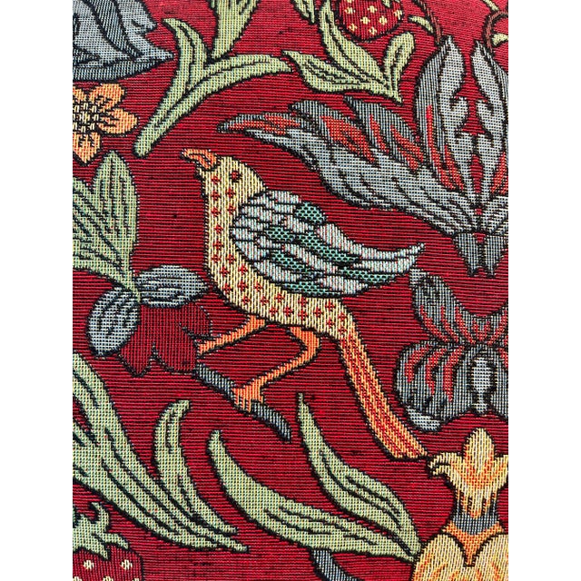 Textile Large Bolster Pillow Decorated With a Needlepoint Look Renaissance Floral Pattern With Strawberries and Birds on a Rich Red Background - Made in U K For Sale - Image 7 of 12