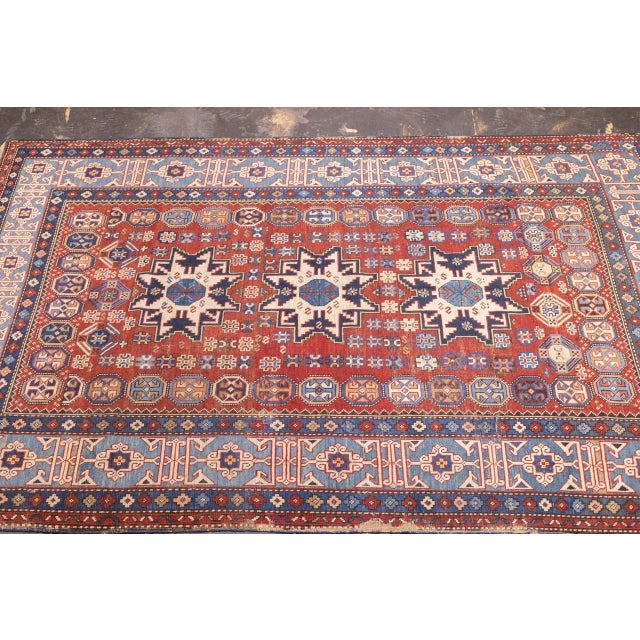 Brick Red Antique Caucasian Lezgi Rug 4'2" X 6’4" For Sale - Image 8 of 12