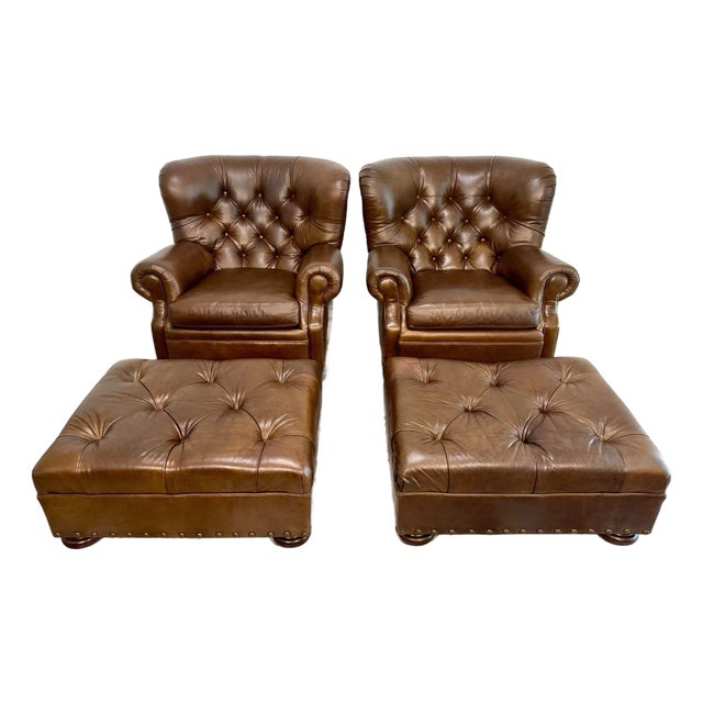 (2) Ralph Lauren Writer’s Chairs With (2) Ottomans For Sale