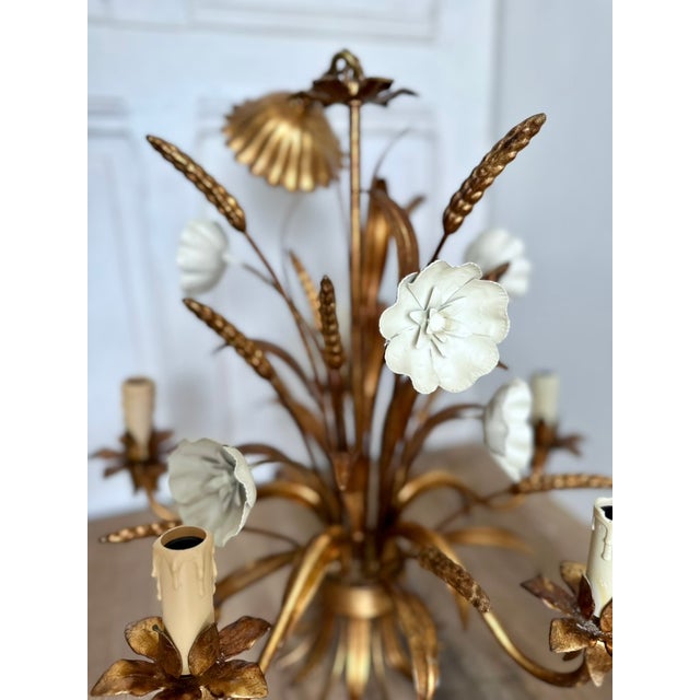 Gilt Tole Floral and Wheat Chandelier, 1960 For Sale - Image 14 of 18
