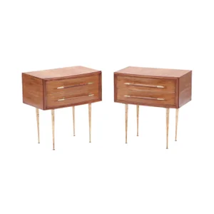 Mid Century Modern Walnut and Brass Night Stands in the Manner of t.h. Robsjohn Gibbings. Circa 1955. A Pair