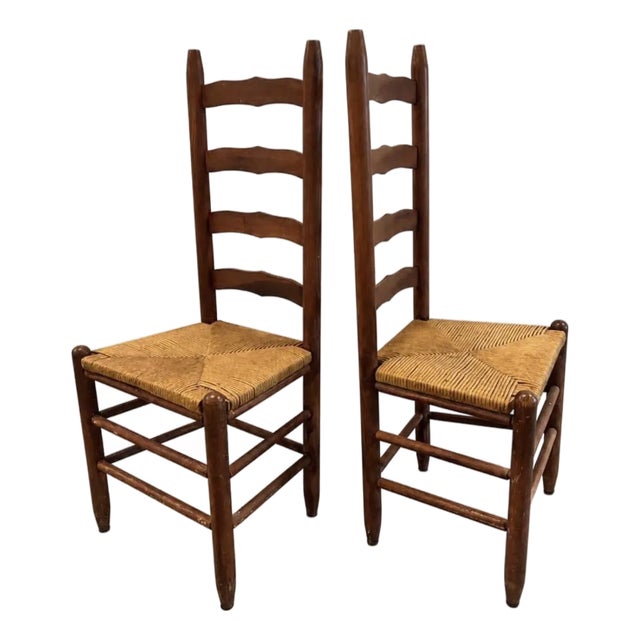 Vintage 20th Century Tall Ladder Back Rope Seat Armless Side Dining Chairs, a Pair For Sale