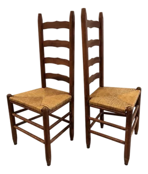 Vintage 20th Century Tall Ladder Back Rope Seat Armless Side Dining Chairs, a Pair