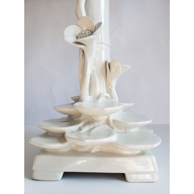 Boho Chic Mid Century Italian Ceramic Faux Bamboo & Lotus Flower Table Lamps-A Pair For Sale - Image 3 of 13