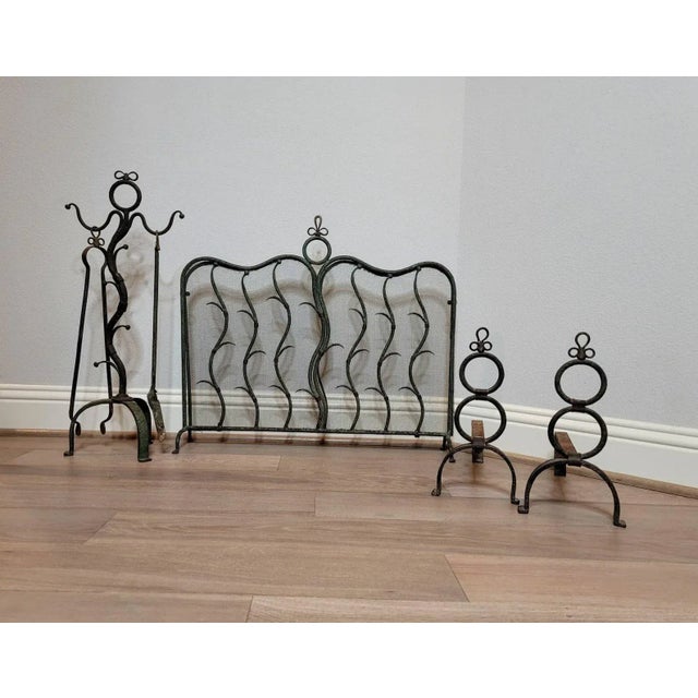 Antique French Art Deco Period Wrought Iron Fireplace Set - Tools Andirons Firescreen For Sale - Image 4 of 11