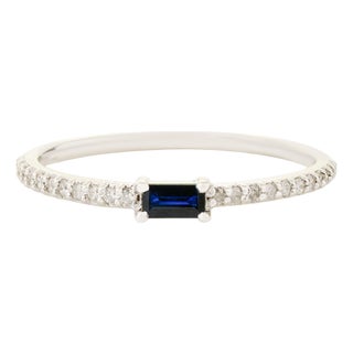 14k Gold Natural Baguette Blue Sapphire Diamond Stacking Thin Band Ring Size 8 For Sale