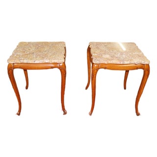Pair of Vintage Marble Top Walnut Louis XV French Style End Tables For Sale