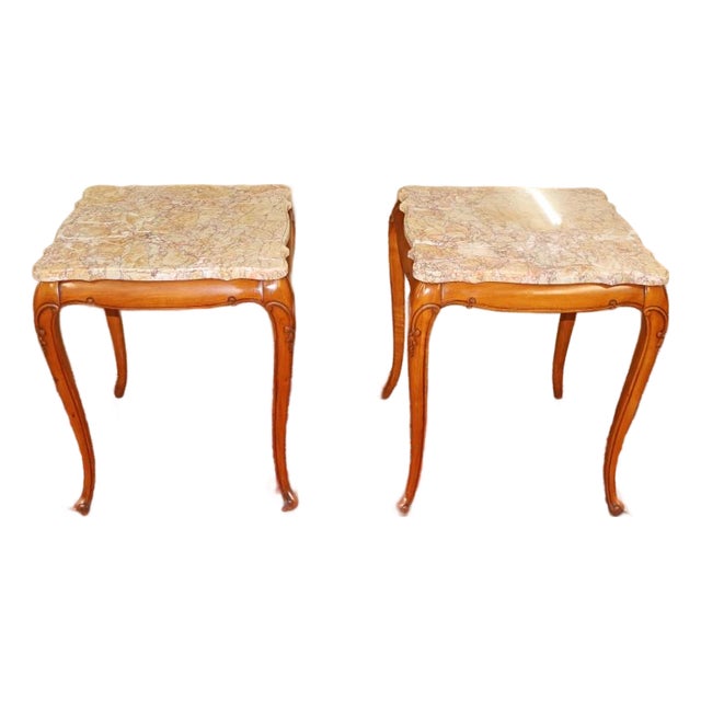 Pair of Vintage Marble Top Walnut Louis XV French Style End Tables For Sale