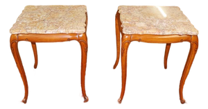 Pair of Vintage Marble Top Walnut Louis XV French Style End Tables