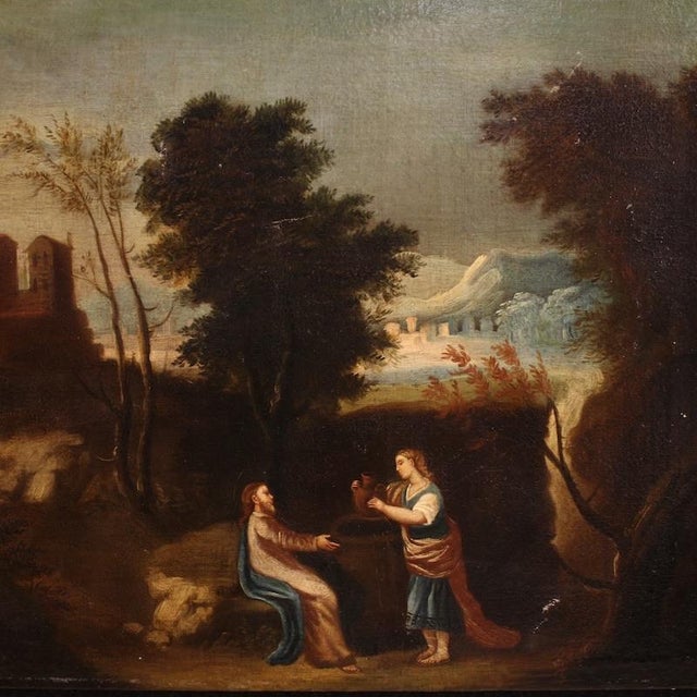Antique Spanish painting from the late 17th century. Oil on canvas artwork depicting a religious subject, Jesus and the...