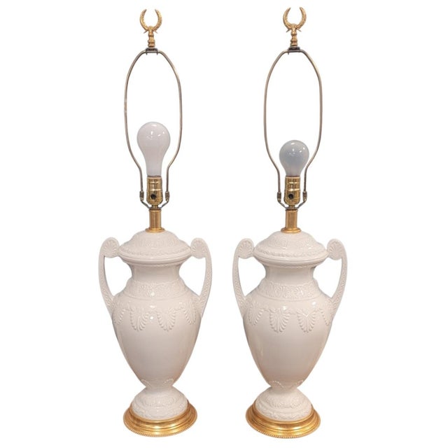 1990s Pair Regency Style Porcelain & Gilt Brass Lamps For Sale - Image 11 of 11