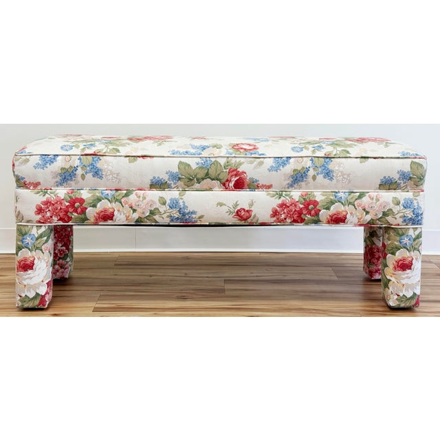 Traditional Vintage Floral Patterned Parsons Style Bench For Sale - Image 3 of 10