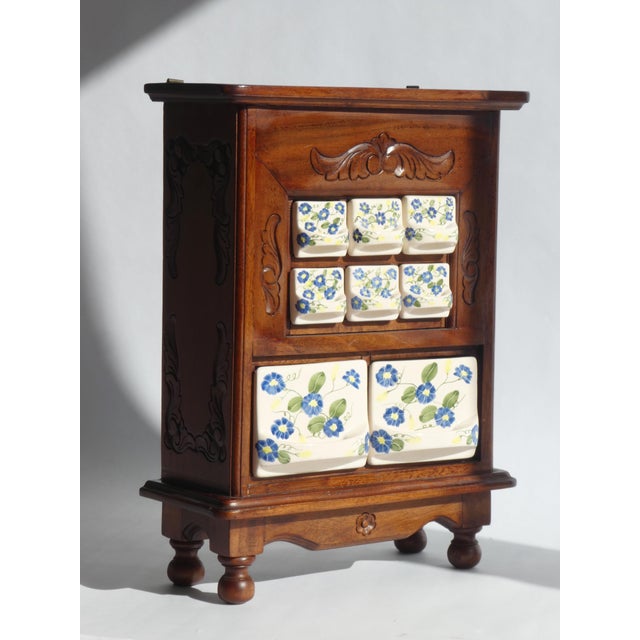 Rustic Antique Dutch Farmhouse Wooden Ceramic Floral Spice Cabinet, 1950s For Sale - Image 3 of 14