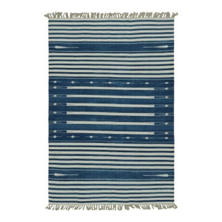 Rug & Kilim's Contemporary Dhurrie Rug with White and Blue Stripes - 12x15 For Sale