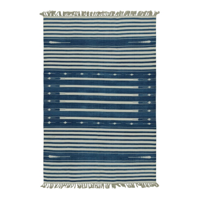 Rug & Kilim's Contemporary Dhurrie Rug with White and Blue Stripes - 12x15 For Sale