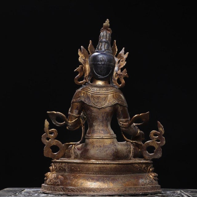 Large Vintage Gilt Bronze Green Tara Statue / Tibetan Buddhist Figure For Sale In Los Angeles - Image 6 of 9