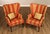 High Quality American Made Pair Of Custom Upholstered Fan Back Winged Chairs Featuring Striped Fabric In Warm Tones With...