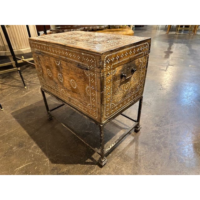 Antique Syrian Bone Inlaid Chest on Iron Base For Sale - Image 4 of 5