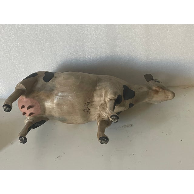 Folk Art 1950s Folk Art Wood Carved Signed Campbell Cow Figurine For Sale - Image 3 of 7