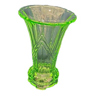 1930s Stölzle Czech Uranium Glass Reversible Chevron Trumpet Vase/Candlestick For Sale